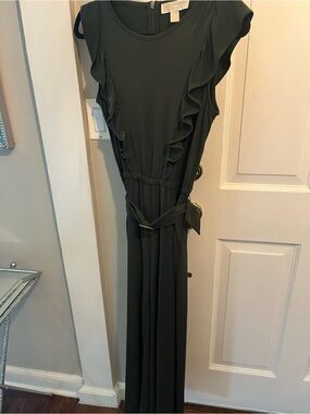 Michael Kors Olive Green Ruffle-Trim Maxi Dress